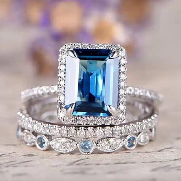 NEW 18k White Gold Blue Topaz Ring Set of 2 Rings Emerald Cut Ring - Picture 1 of 6